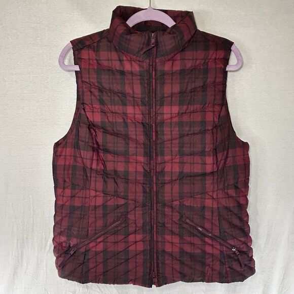 Talbots Red Black Plaid Down Puffer Vest Womens Large Full Zip Pockets - Picture 1 of 7